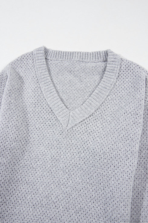 Textured Open Knit Slouchy V Neck Pullover Sweater