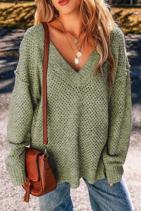 Textured Open Knit Slouchy V Neck Pullover Sweater
