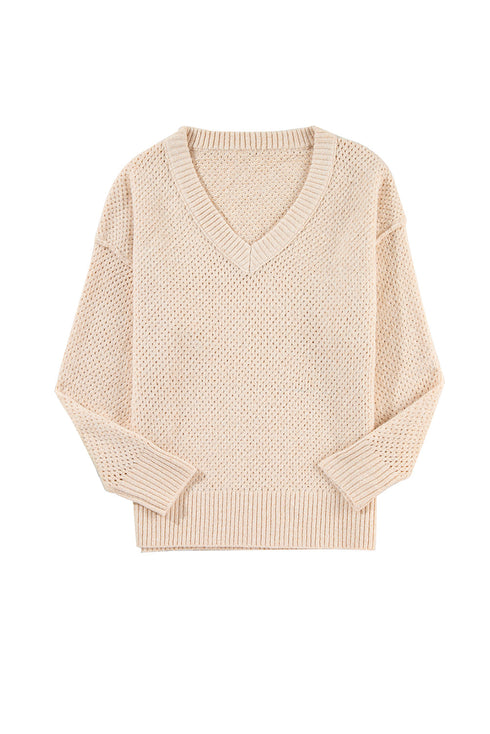 Textured Open Knit Slouchy V Neck Pullover Sweater