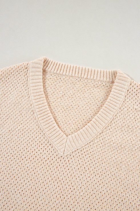 Textured Open Knit Slouchy V Neck Pullover Sweater