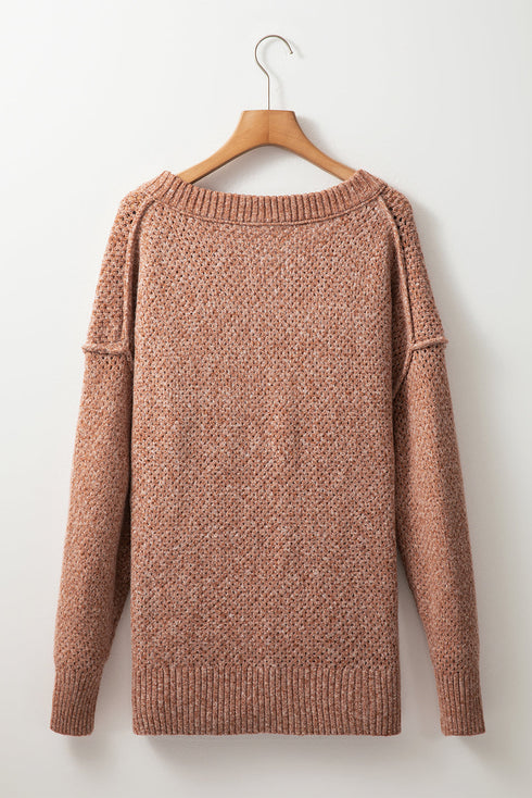 Textured Open Knit Slouchy V Neck Pullover Sweater