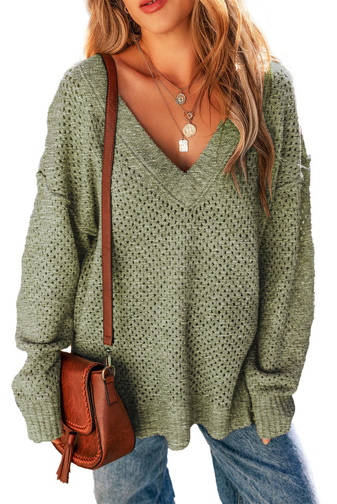 Textured Open Knit Slouchy V Neck Pullover Sweater