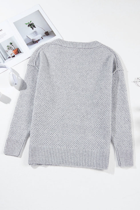 Textured Open Knit Slouchy V Neck Pullover Sweater