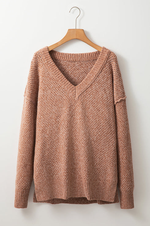 Textured Open Knit Slouchy V Neck Pullover Sweater