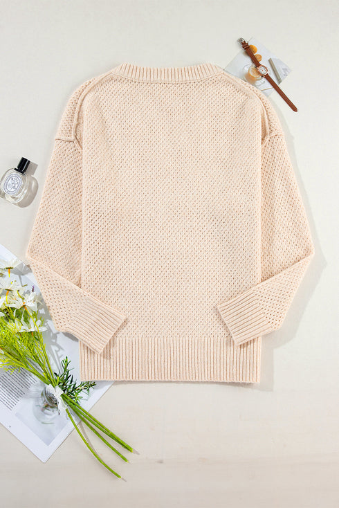 Textured Open Knit Slouchy V Neck Pullover Sweater