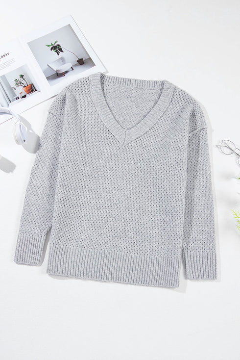Textured Open Knit Slouchy V Neck Pullover Sweater