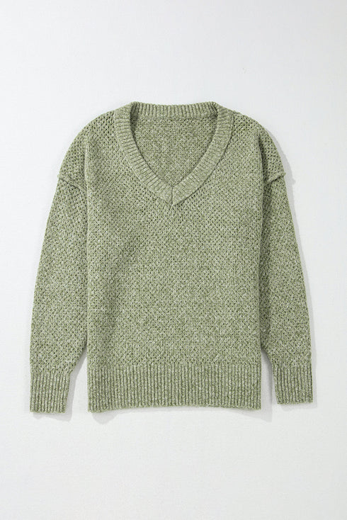 Textured Open Knit Slouchy V Neck Pullover Sweater