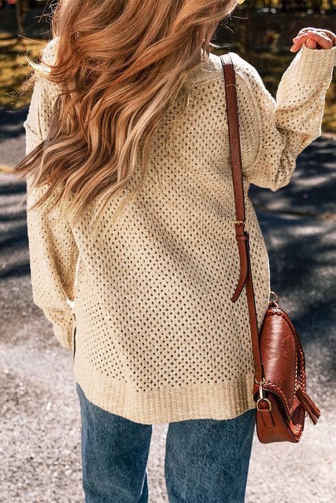Textured Open Knit Slouchy V Neck Pullover Sweater