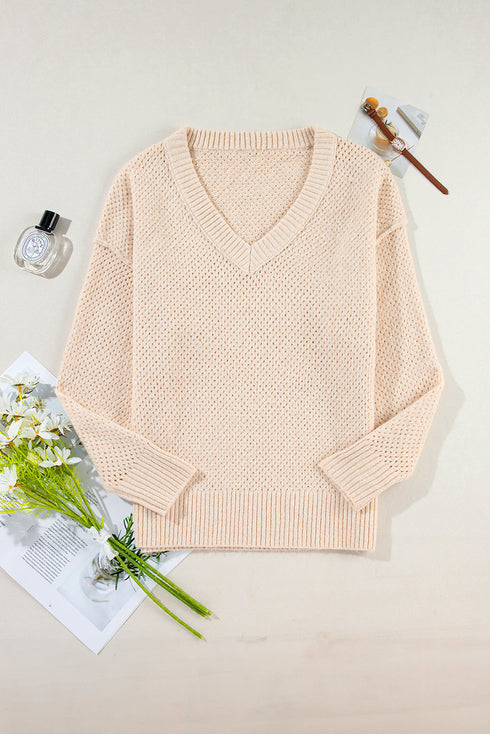 Textured Open Knit Slouchy V Neck Pullover Sweater