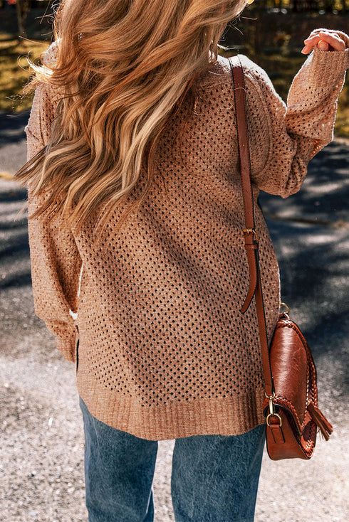 Textured Open Knit Slouchy V Neck Pullover Sweater