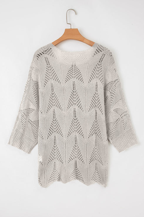 Textured Open Knit Zigzag Hem Pullover Sweater