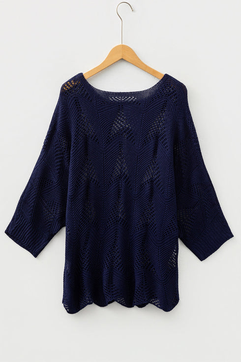 Textured Open Knit Zigzag Hem Pullover Sweater