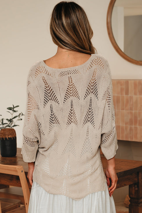 Textured Open Knit Zigzag Hem Pullover Sweater