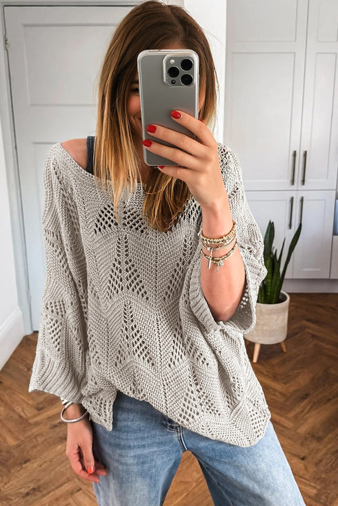 Textured Open Knit Zigzag Hem Pullover Sweater