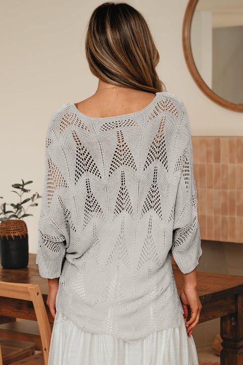 Textured Open Knit Zigzag Hem Pullover Sweater