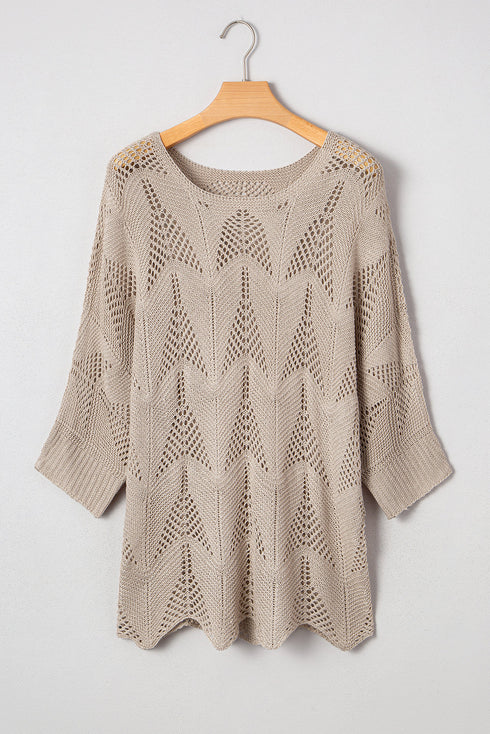 Textured Open Knit Zigzag Hem Pullover Sweater