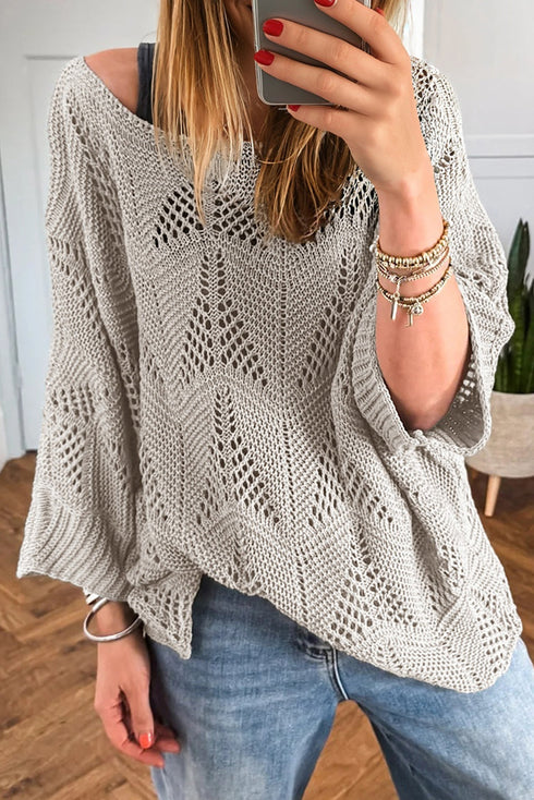 Textured Open Knit Zigzag Hem Pullover Sweater