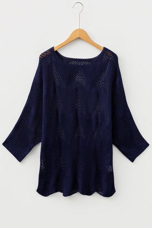 Textured Open Knit Zigzag Hem Pullover Sweater