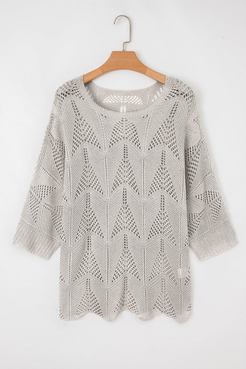 Textured Open Knit Zigzag Hem Pullover Sweater