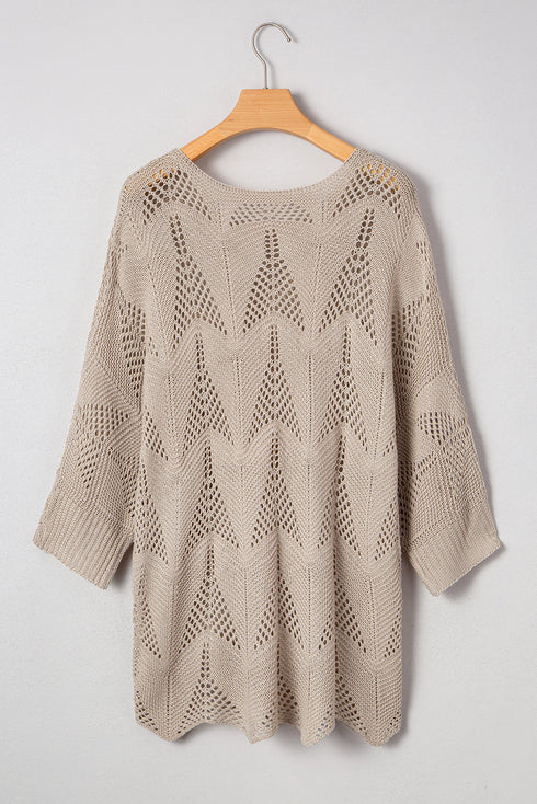 Textured Open Knit Zigzag Hem Pullover Sweater