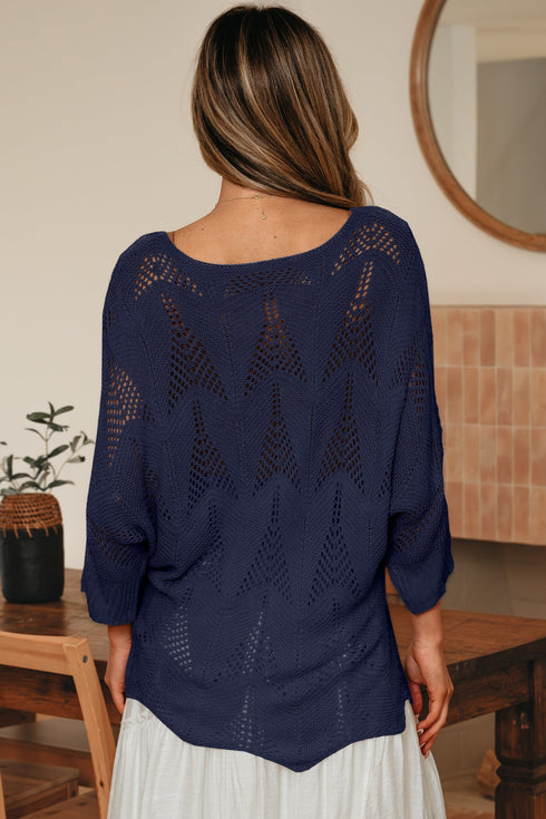 Textured Open Knit Zigzag Hem Pullover Sweater