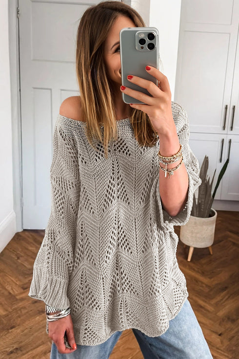 Textured Open Knit Zigzag Hem Pullover Sweater