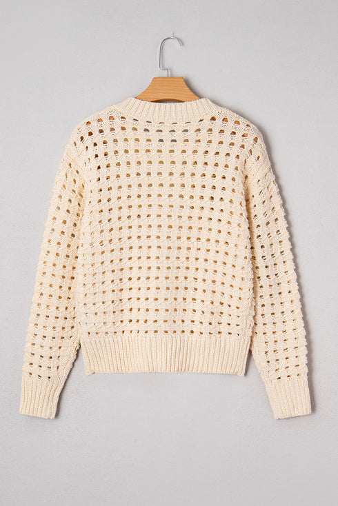 Textured Open Knit Zip Front Cardigan Sweater