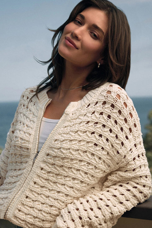 Textured Open Knit Zip Front Cardigan Sweater