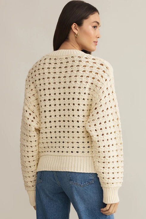 Textured Open Knit Zip Front Cardigan Sweater