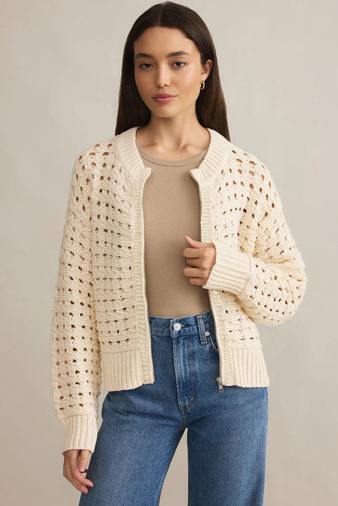 Textured Open Knit Zip Front Cardigan Sweater