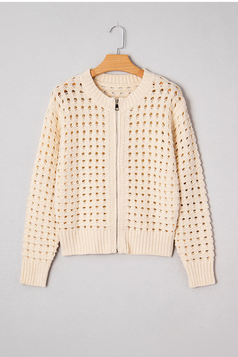 Textured Open Knit Zip Front Cardigan Sweater