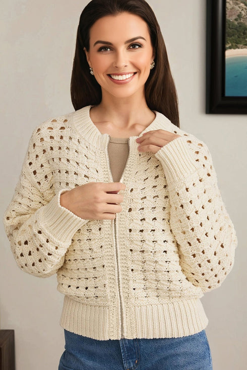 Textured Open Knit Zip Front Cardigan Sweater