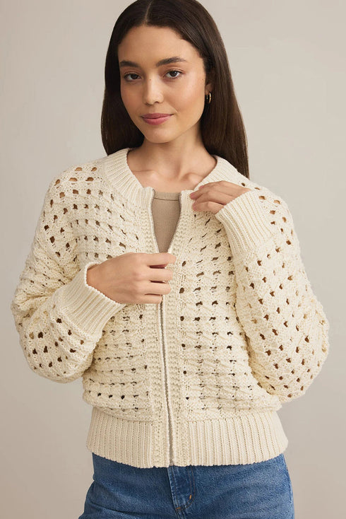 Textured Open Knit Zip Front Cardigan Sweater