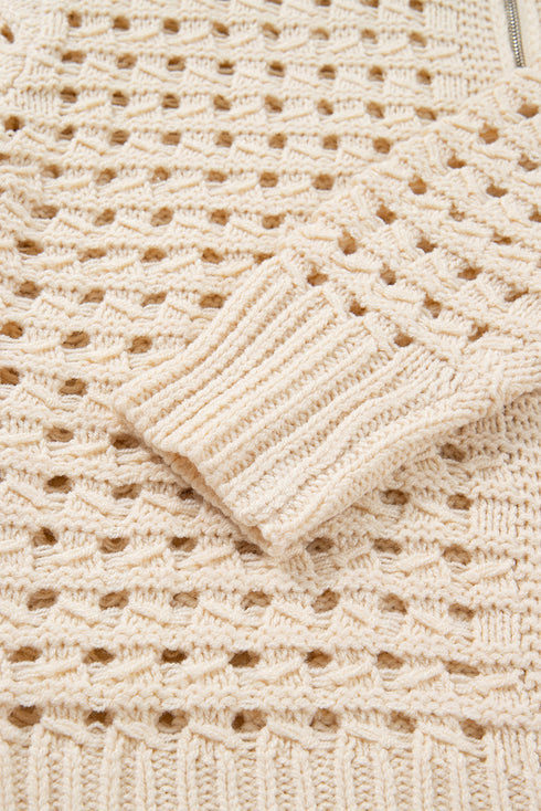 Textured Open Knit Zip Front Cardigan Sweater