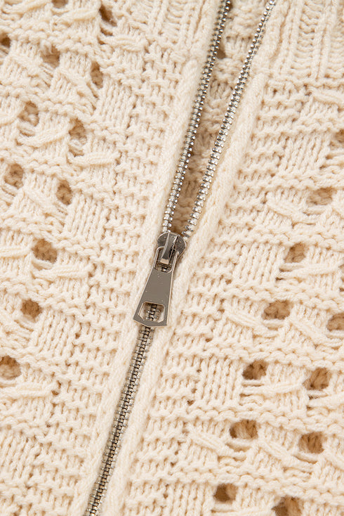 Textured Open Knit Zip Front Cardigan Sweater