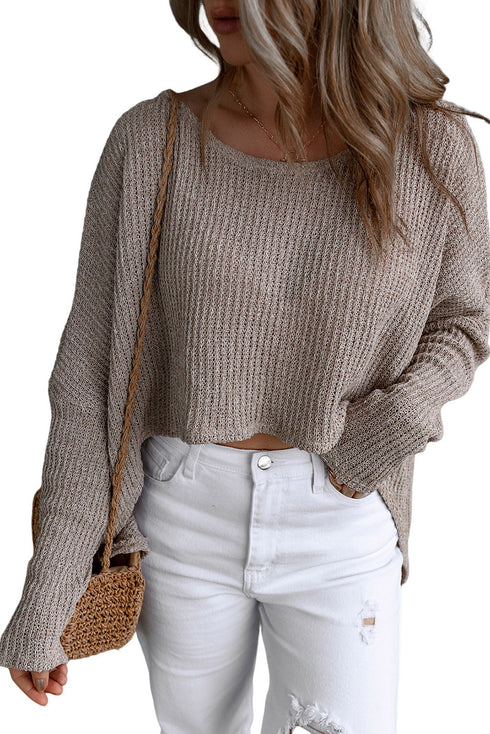 Textured Open Stitch Drop Shoulder Crop Sweater