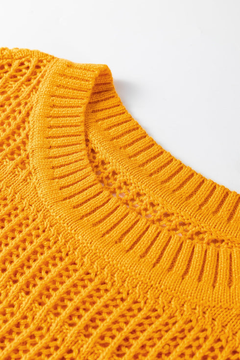 Textured Open Stitch Elbow Sleeve Crew Neck Top