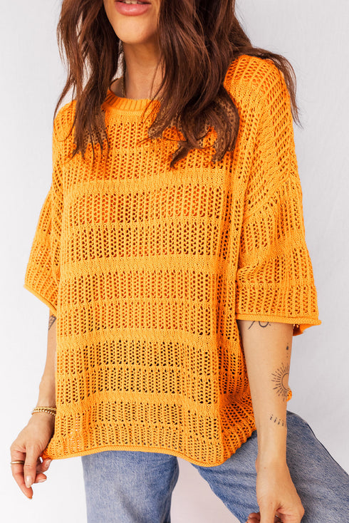 Textured Open Stitch Elbow Sleeve Crew Neck Top