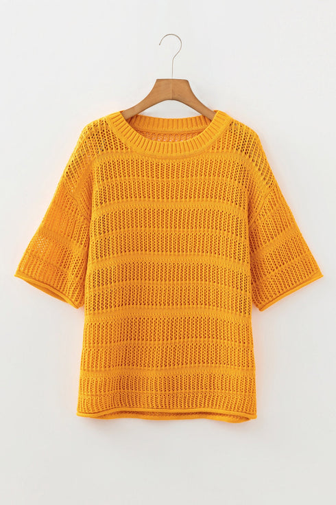 Textured Open Stitch Elbow Sleeve Crew Neck Top