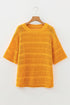 Textured Open Stitch Elbow Sleeve Crew Neck Top