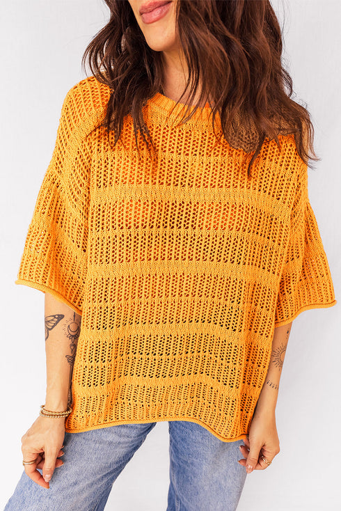 Textured Open Stitch Elbow Sleeve Crew Neck Top