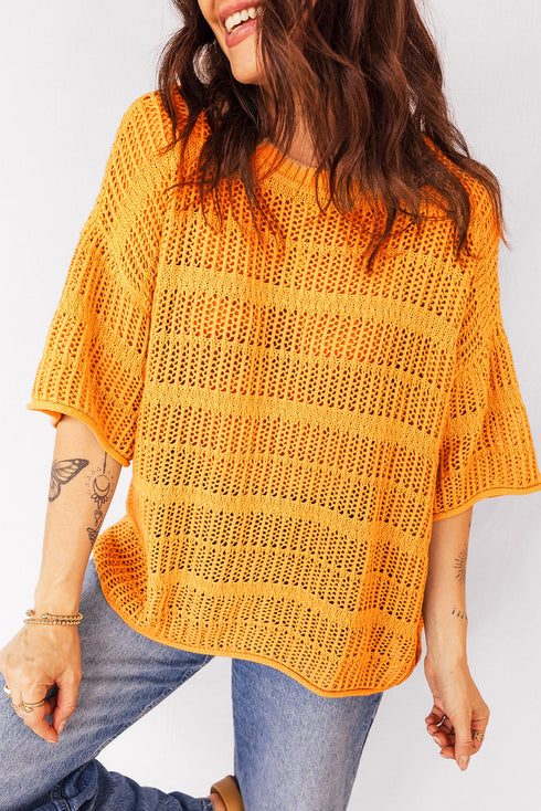 Textured Open Stitch Elbow Sleeve Crew Neck Top