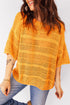 Textured Open Stitch Elbow Sleeve Crew Neck Top