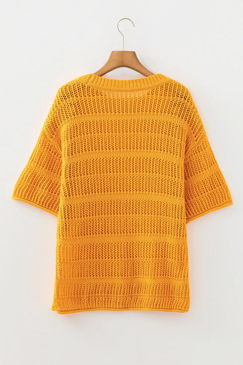 Textured Open Stitch Elbow Sleeve Crew Neck Top