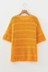 Textured Open Stitch Elbow Sleeve Crew Neck Top
