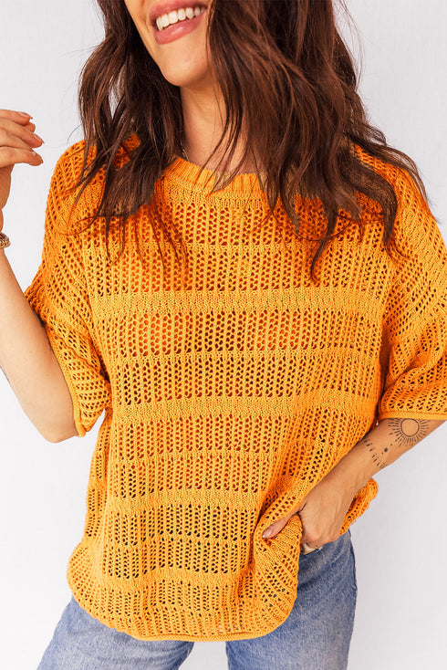 Textured Open Stitch Elbow Sleeve Crew Neck Top
