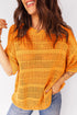 Textured Open Stitch Elbow Sleeve Crew Neck Top