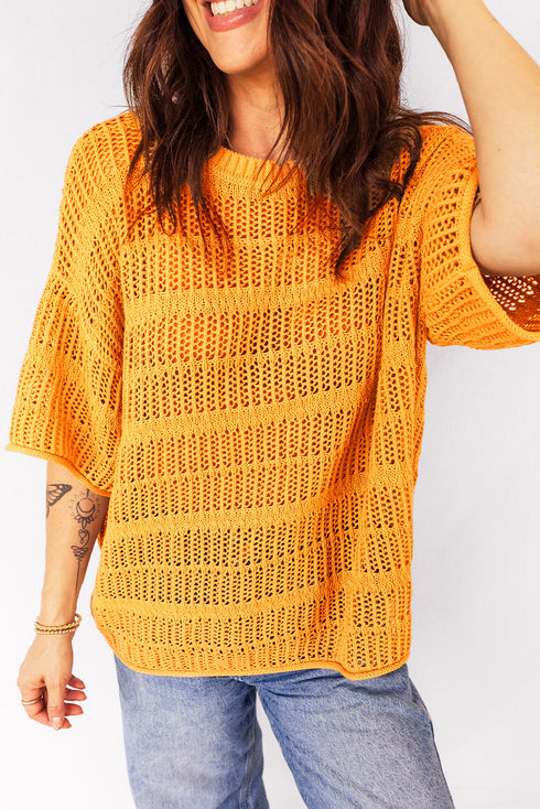 Textured Open Stitch Elbow Sleeve Crew Neck Top