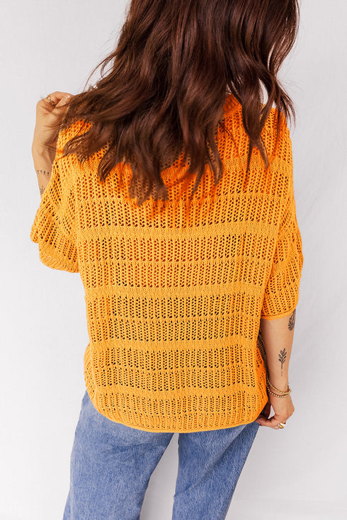 Textured Open Stitch Elbow Sleeve Crew Neck Top