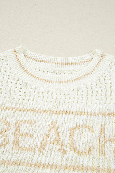 Textured Open Stitch Graphic Pullover Sweater